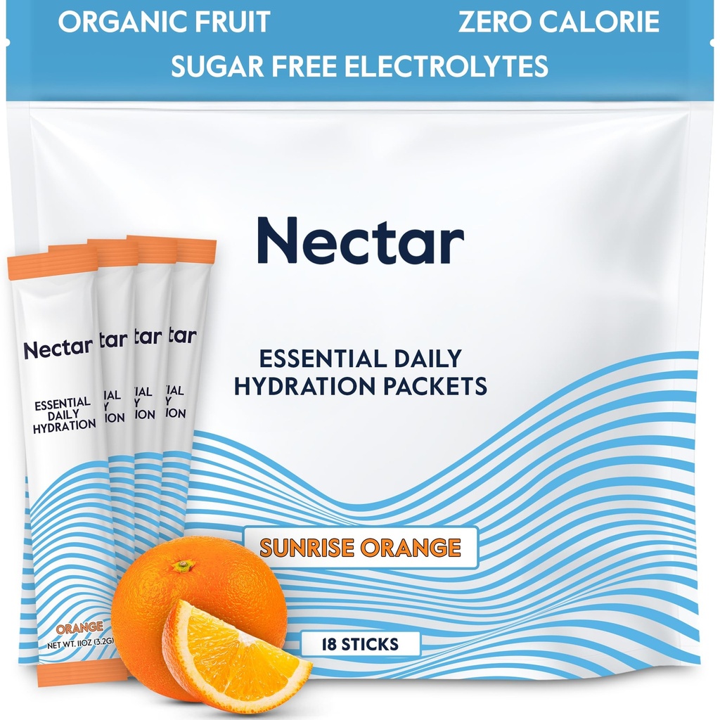Nectar Hydration Packets - Electrolytes Powder Packets - Sugar 또는 Calories - Dehydration Relief 및 Rapid Rehydration (Orange 18 Pack) 용 유기 과일 액체 일일 IV 전해질 분말