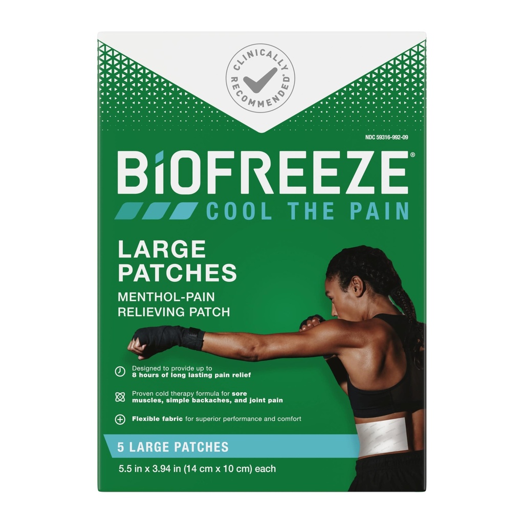 Biofreeze 큰 고통 구호 패치, 허리, 목, 무릎, & 어깨, 안락한 & 가동 가능한 직물은 장소, FSA Eligible, 5 ct에 있는 체재를 위한 Menthol 고통 헝겊 조각