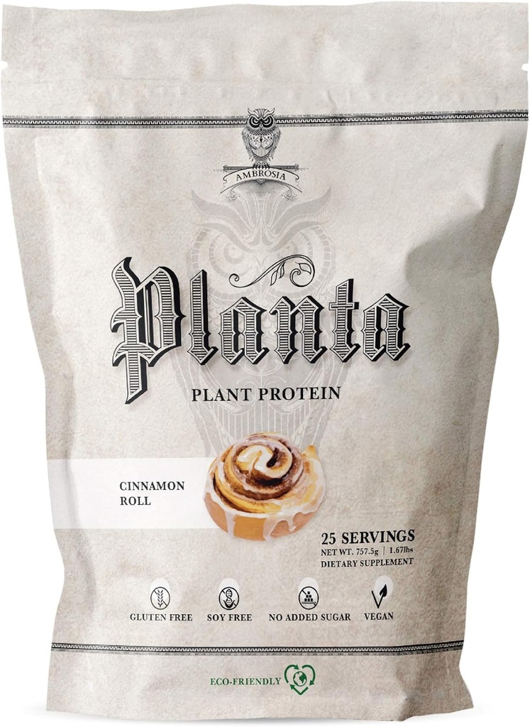 Ambrosia Planta - 프리미엄 플랜트 기반 단백질 | Vegan & Keto Friendly | 맛과 향이 없는 맛과 향이 없는 맛 | 글루텐 & 소이 무료 | 추가 설탕 | 25봉 | Cinnamon Roll