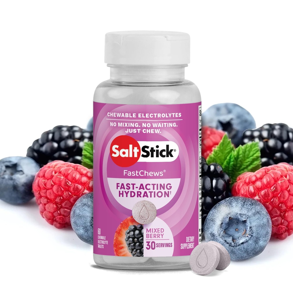 SaltStick Electrolyte FastChews - 60 혼합 Berry Chewable Electrolytes - 달리기와 Hydration, Electrolyte Chews를위한 소금 정제 - 60 개