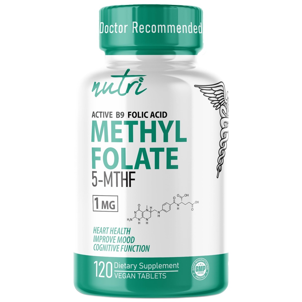 Nutri 5-MTHF L Methylfolate 1MG - 4 달 공급, 120 Vegan 정제 - 메틸을 입힌 Folate 보충교재 - Cognitive 기능, 심장 건강, Prenatal 지원 - 3rd 당 시험되는 - NSF에 의하여 증명되는 시설