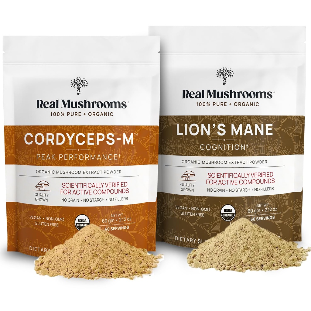 Lions Mane (60g) 및 Cordyceps (60g) 버섯 추출물 분말 번들 - Cognition, Energy 및 Endurance를위한 버섯 보충