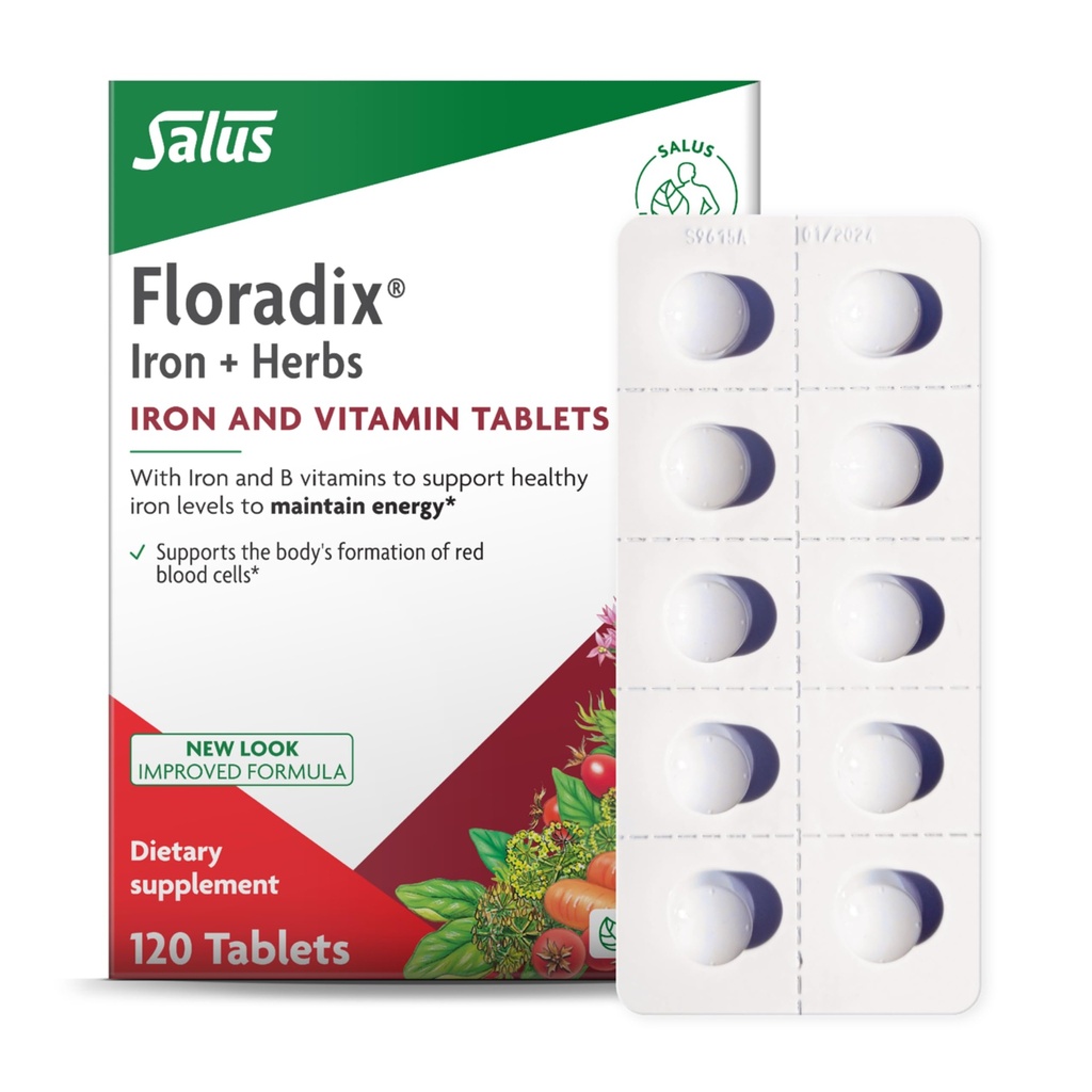 Floradix 철 정제 - B 비타민, Folic 산, 비타민 C 및 기타 - 에너지 지원 - 채식 및 글루텐 - 무료 120 정제 (120 서빙)
