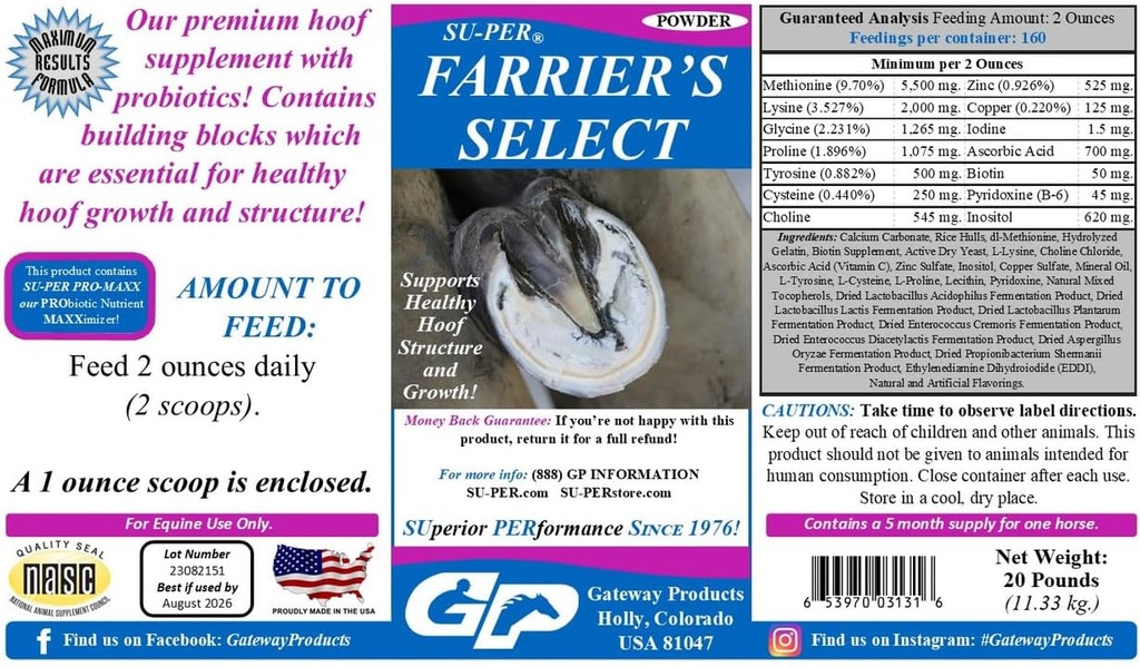 SU-PER Farrier 's Select Hoof Supplement - Probiotics와 말 프리미엄 Hoof 케어 보충 - 건강한 Hoof 성장 - 20 파운드, 5 개월 공급
