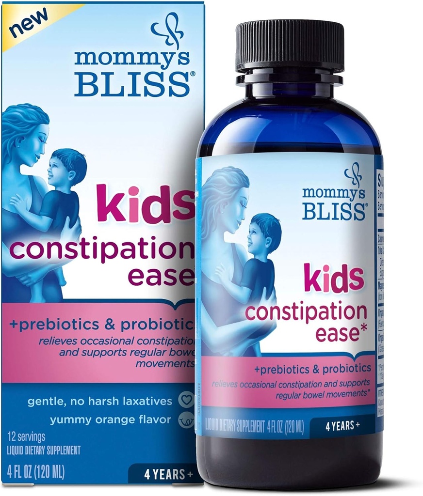 Mommy 's Bliss Kids Constipation Ease with Prebiotics & Probiotics, Supports Regularity & Digestive Health, 아이를위한 액체 변비 완화, 나이 4, 4 Fl Oz (Pack of 1)