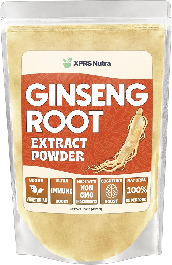 XPRS Nutra Ginseng 뿌리 추출물 분말 - 인삼 분말은 Cognitive 기능, 육체적인 성과 및 면역 체계를 지원합니다 - 분말 모양 (16 Ounce)에 있는 Vegan 친절한 Panax 인삼