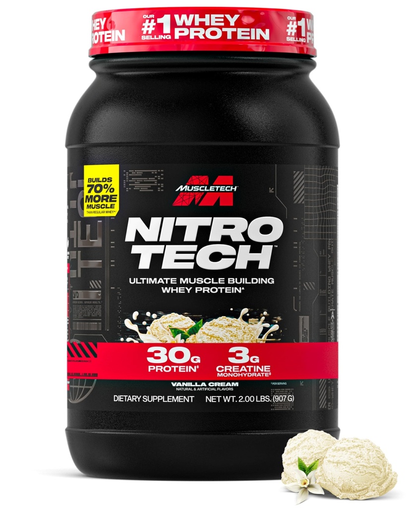 Muscletech Whey Protein Powder (Vanilla Cream, 2.2 Pound) - 니트로 테크 Whey Protein Isolate가있는 궁극적 인 근육 건물 공식 - 단백질 30g, Creatine의 3g & BCAA의 6.8g - 포장 할 수있다 Vary