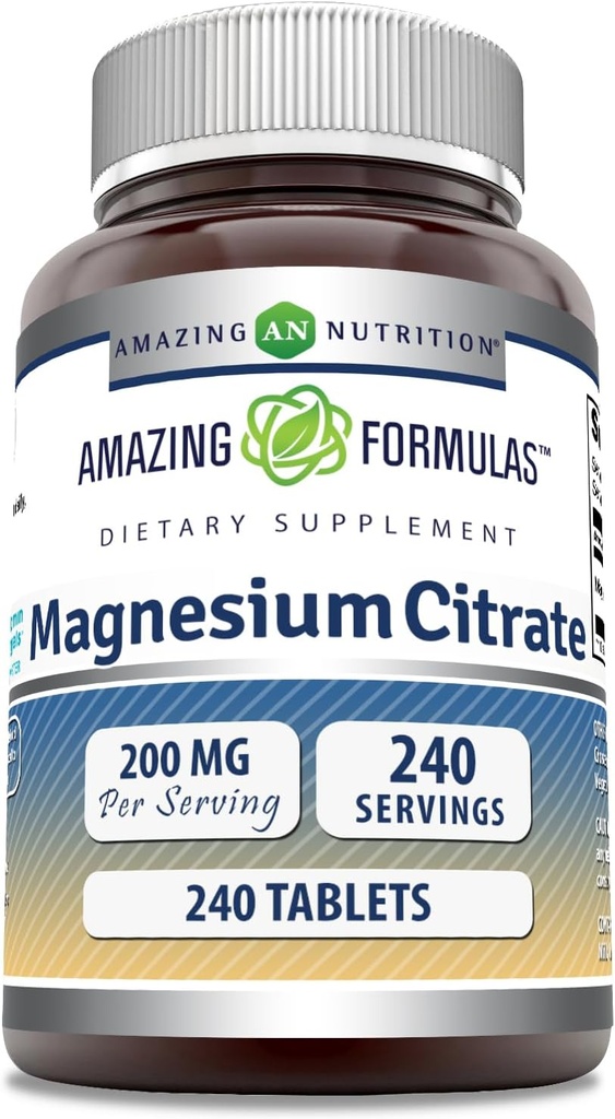 Amazing Formulas Magnesium Citrate | 200 Mg 정제 | 미네랄 보충 | Non-GMO | 글루텐 프리 | 미국 (1개 팩, 240개)