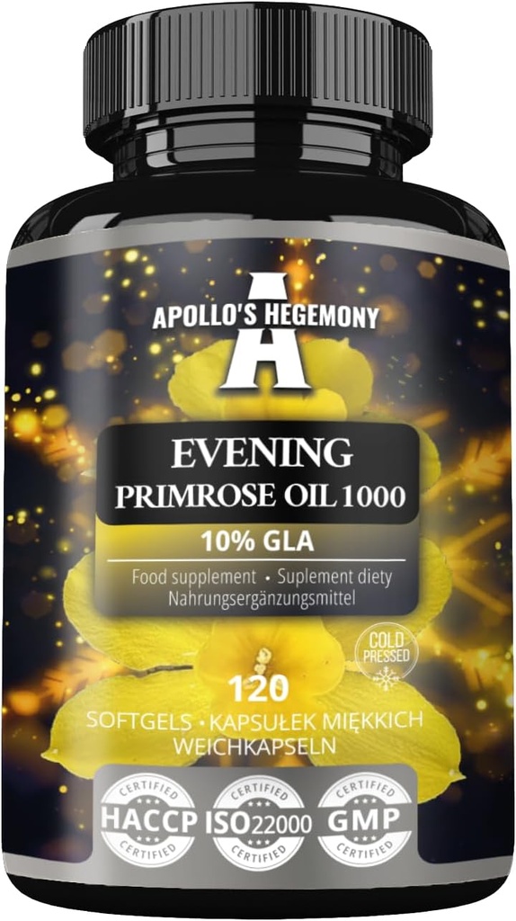 APOLLO의 HEGEMONY 저녁 Primrose 기름 비타민 E를 가진 1000 mg - GLA 산의 100 mg를 - 120 Softgel 캡슐 - 4 달 공급 - Hormonal 균형과 피부 건강을 지원하는 Diet 보충교재