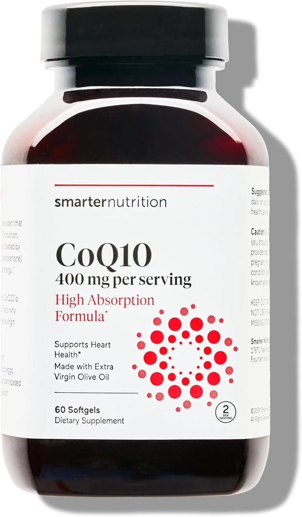 SMARTERNUTRITION CoQ10 400 mg 높은 흡수 - 자연적으로 Fermented Ubiquinone w/Organic 찬 압박된 올리브 기름 - 심장 건강을 위해, 세포 에너지 - 비 GMO, 글루텐 자유로운 - 60 조사 [30 일 공급]