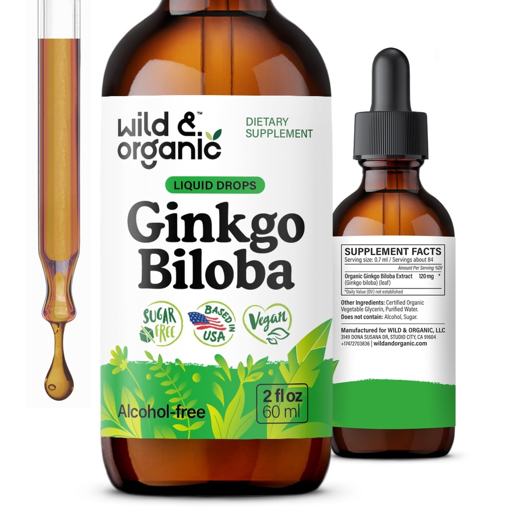 야생 & 유기 은행나무 Biloba Tincture - Ginkgo 잎 보충과 뇌 & 초점 지원 - 채식주의자, 설탕 & 알콜 자유로운 초본 추출물 탄약 - 2개 fl oz