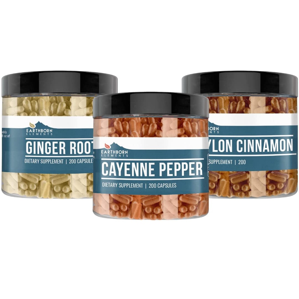 Earthborn Elements Cayenne Pepper, Ceylon Cinnamon & Ginger 루트 번들 (각 200 캡슐), 순수 & Undiluted, 첨가제 없음