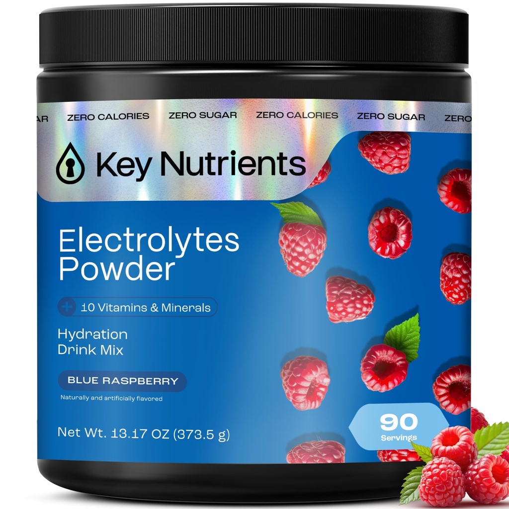 KEY NUTRIENTS Multivitamin Electrolytes Powder No Sugar - 달콤한 블루 라즈베리 전해질 분말 - 내구시간 및 에너지 보충 - 하이드로 션 분말 - 아니 칼로리 - 90 미국에서 제조