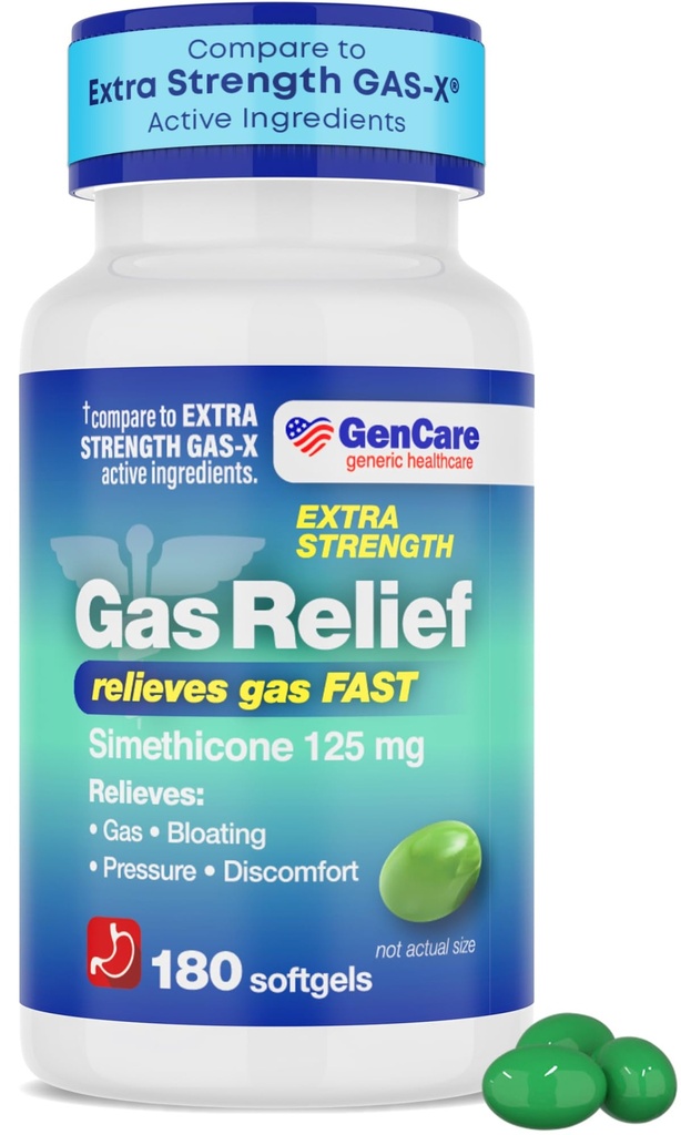 GenCare -Extra 힘 가스 기복 Simethicone 125mg (180 Softgels) Bloating 기복, 압력 & 불편을 위한 최대 힘 반대로 가스 알약 - 일반적인 여분 힘 가스 X와 비교하십시오