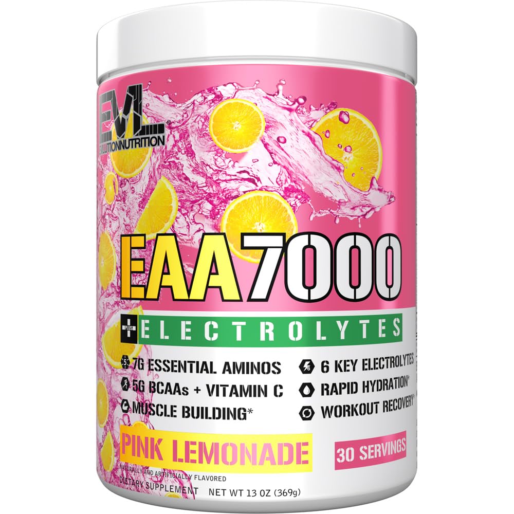 Evlution 영양 EAA7000 + 전해질 - 전 & 포스트 운동 분말 - 근육 건물 + 회복 보충교재 - 7g EAAs + 5g BCAAs + 6 열쇠 전해질 - 급속한 Hydration - 30 서빙 - 분홍색 레몬