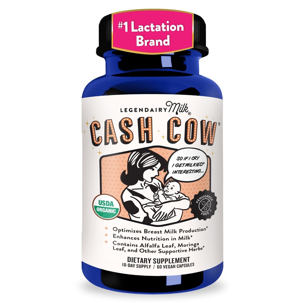 Legendairy Milk Cash Cow Lactation Supplement, Moringa, Alfalfa 및 Goat 's Rue Breastfeeding Supplement for Milk Supply increase, Fenugreek-Free, 공인 유기농, 채식, 비 GMO, 60 캡슐
