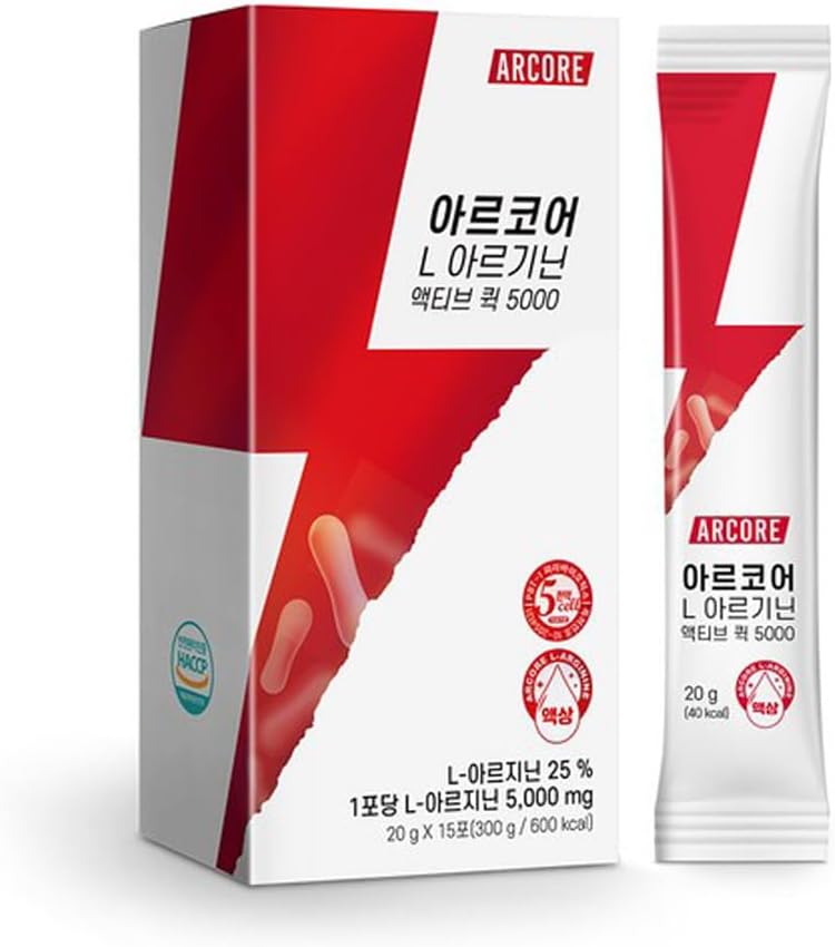 BOTO Arcore L-Arginine 활성 빠른 5000, 높은 복용량 액체 보충, 에너지 및 복구, 특허 성분, 레몬 맛 20g X 15 스틱 지원