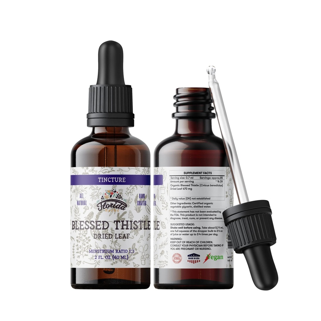 Blessed 이틀 Tincture, 유기 Blessed 이틀 추출물 (Cnicus benedictus) 찬 압박된 유기 식물성 글리세린, 700 mg, 2개 oz (60 ml)에 있는 초본 보충교재, 비 GMO