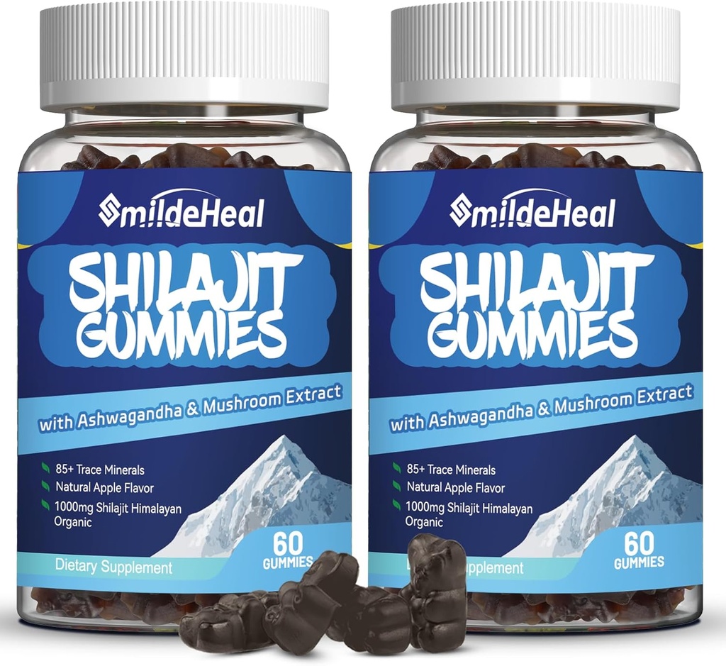 Shilajit Gummies 1000 MG, 유기 Shilajit 보충교재, Ashwagandha와 더불어 85+ 추적 무기물, 버섯 - 에너지, 뇌, Immunity 지원, 남자 & 여자를 위해 - 120 조사