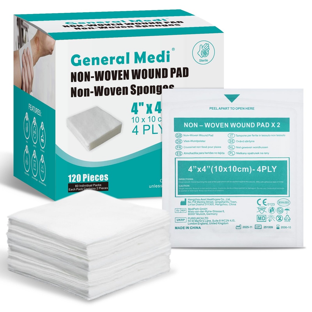 일반 Medi Sterile Gauze Sponges, 4" x 4" Non-Woven Wound Pads - 개별적으로 방석 미니어처 상처, 컷 및 화상 부상 치료를위한 고 흡수성 스폰지 패드 (60 팩, 120 조각 총)