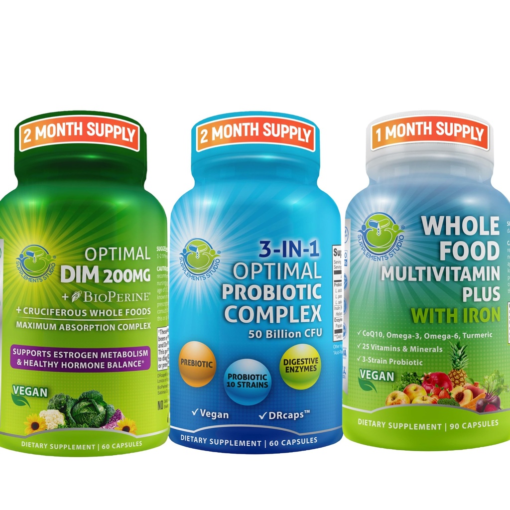 Hormonal Balance & Digestive Health Trio – BioPerine® & Crucshed Veggies + 3-in-1 Probiotic with Prebiotic and Enzymes + 전체 식품 Multivitamin with Iron – Vegan Wellness Support