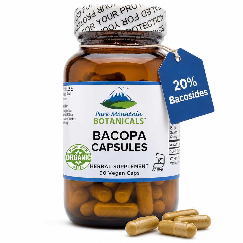 Pure Mountain Botanicals Bacopa Monnieri 캡슐 - 유기 Bacopa 및 표준화 된 Bacopa 추출물 보충 교재