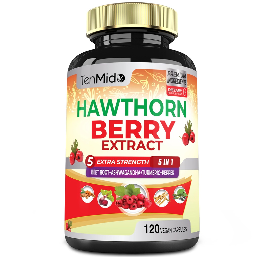Hawthorn Berry 보충 추출물 캡슐 - 4 개월 동안 120 Vegan 캡슐 - 결합 된 Beet 뿌리, Ashwagandha, Turmeric Curcumin & Black Pepper