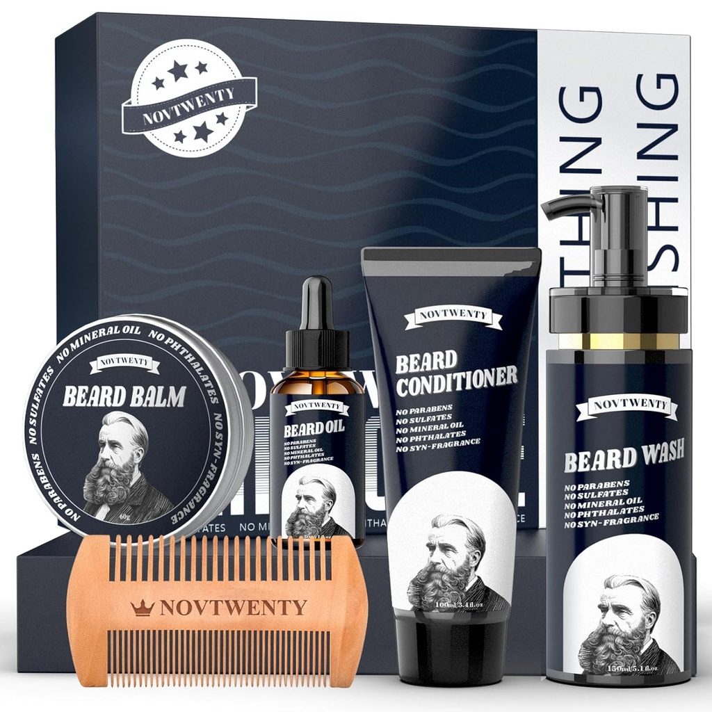 Beard Growth Kit - 자연 성분이있는 Mobiuty Men's Beard Care Kit, Beard Wash, Beard Oil, Beard 컨디셔너, Beard Balm 및 Beard Comb, Boyfriend 남편 아버지를위한 선물 세트