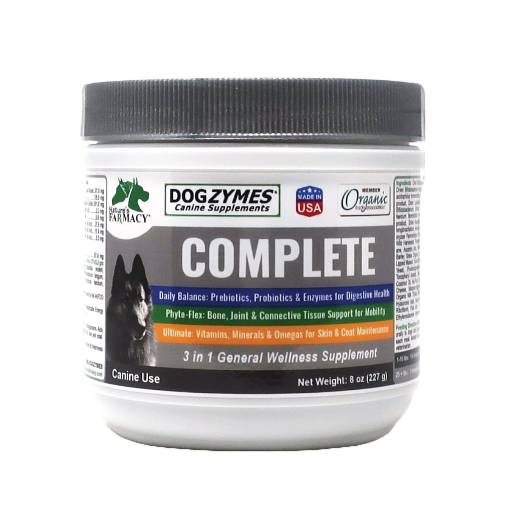 Dogzymes Complete - Probiotics, prebiotics, Glucosamine, Chondroitin, MSM 및 Hyaluronic 산, 완전한 피부 및 외투 배려 (8 Ounce)