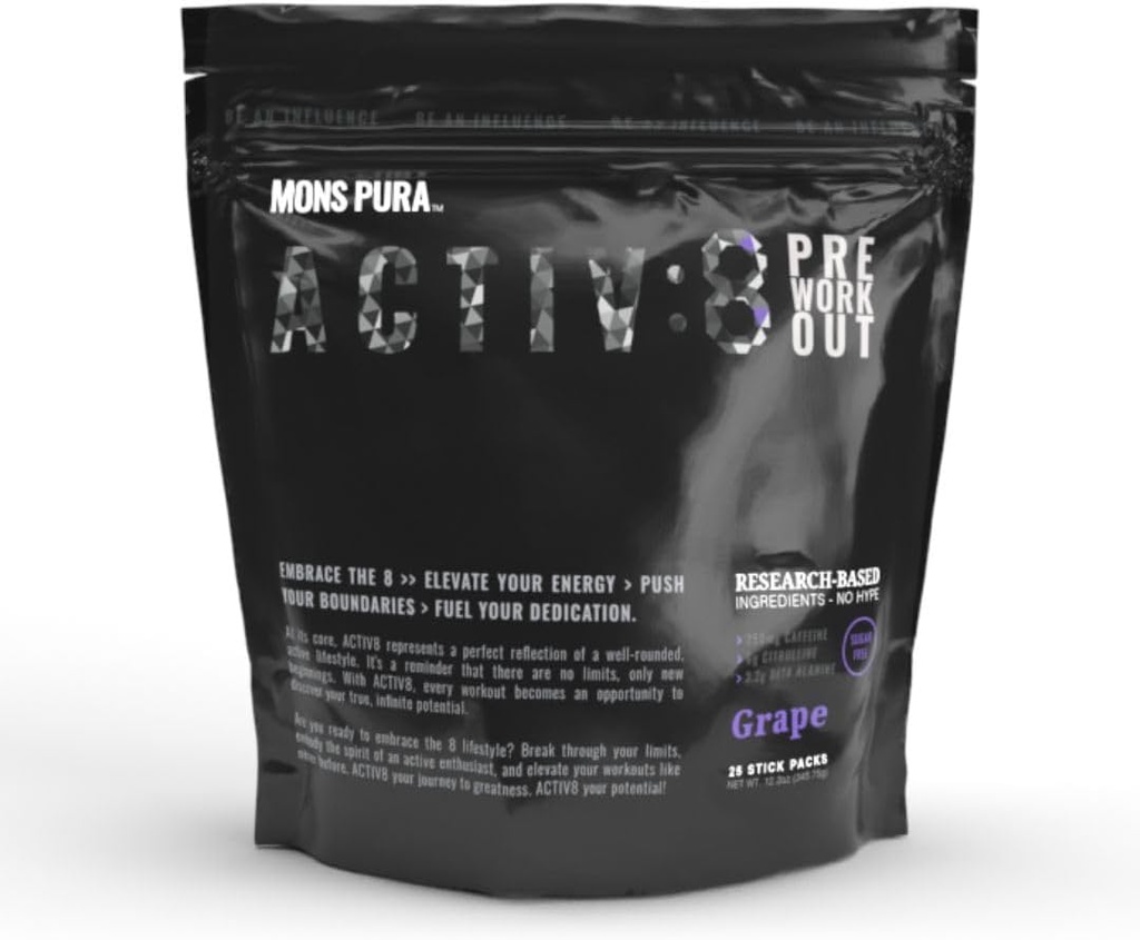 Activ8 포도 전 운동 25 전력 포장된 서빙 250mg 카페인