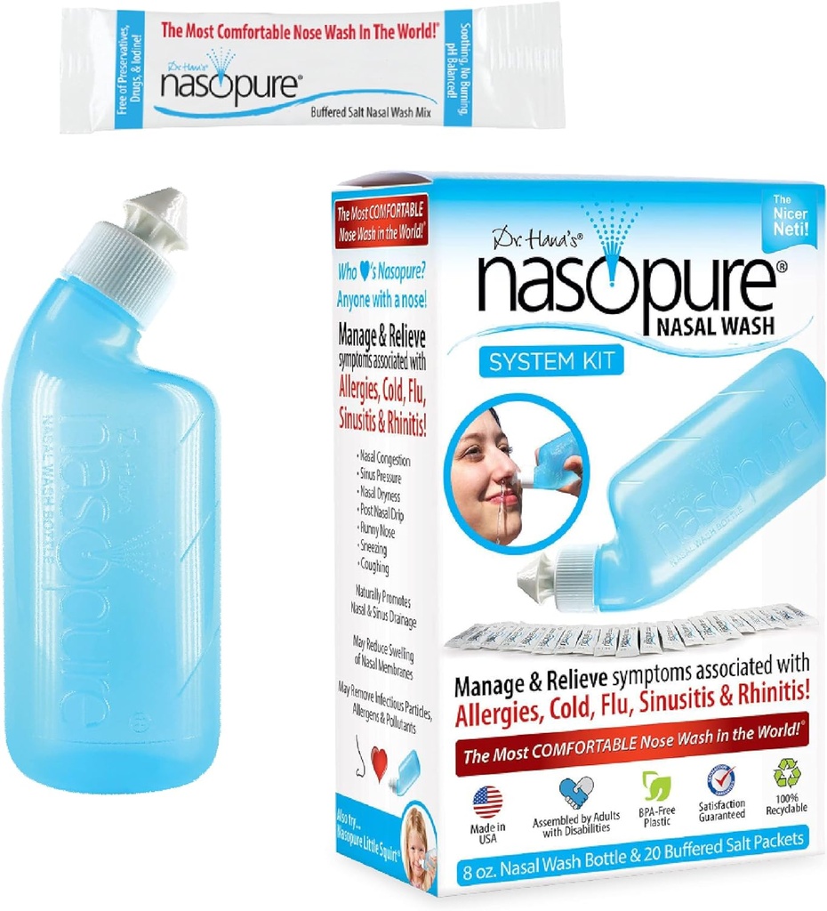 Nasopure Nasal Wash, System Kit, “The Nicer Neti Pot” Sinus Wash Kit, 편안한 Nasal Rinse 8 Oz Bottle & 20 Salt Packets (3.75 Gram each), Nasal Congestion, Cold, Flu, 알레르기, Nasal Irrigation