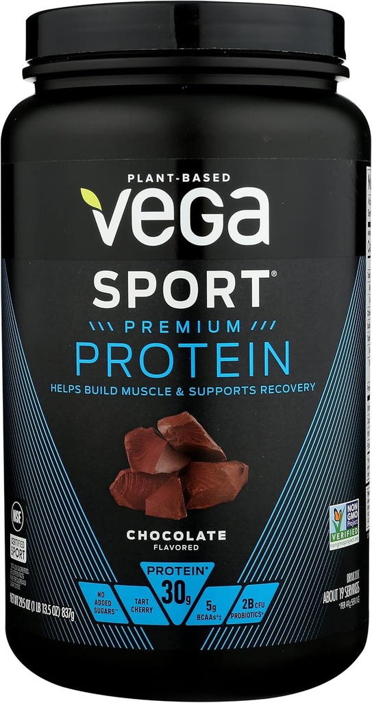 Vega 스포츠 프리미엄 단백질 분말, 초콜릿, 채식, 30g 식물 기반 단백질, 5g BCAA, 낮은 캐비티, 설탕 없음, 케토, 낙농 무료, 글루텐 무료 & 비 GMO, 여성용 완두 단백질, 29.5 Oz