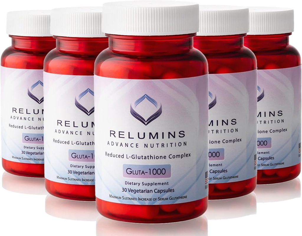Relumins Advance Nutrition Gluta 1000 - L-Glutathione, 알파 Lipoic Acid & Rose HIPS, 피부 및 전반적인 웰빙을위한 산화 방지제 지원 - 미국 - 30 캡슐 x 5 병 (75 일 공급)