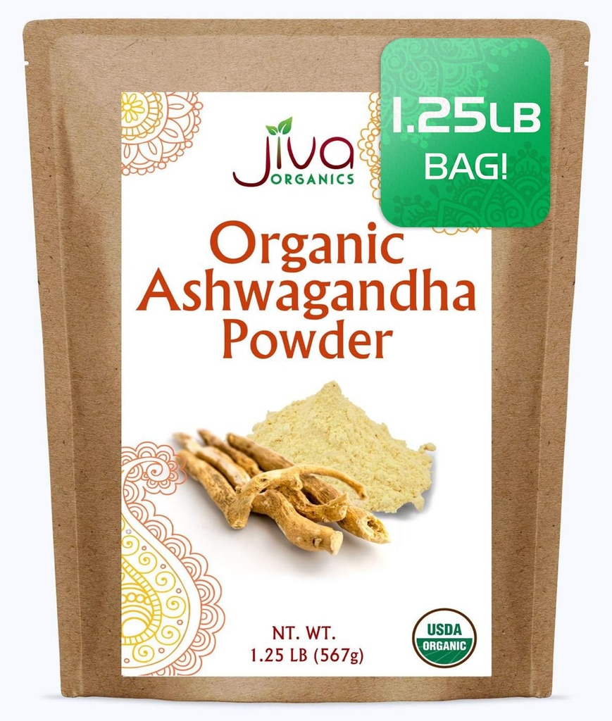 Jiva 유기 Ashwagandha 뿌리 분말 1.25 파운드 (20oz) - 글루텐 무료, 인도 인삼, 원시, 순수, 비 GMO, 실험실 테스트 Ayurvedic 인도 분말