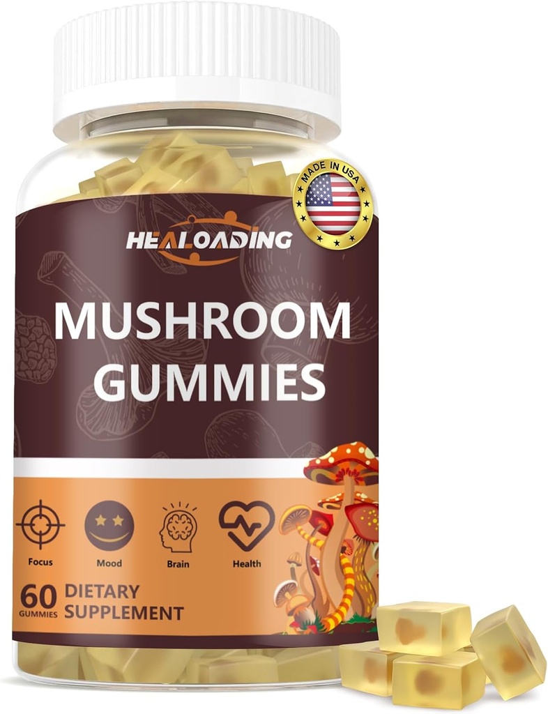 버섯 Gummies : 10 기능 버섯 - 사자 Mane, Reishi, chagaCordyceps 및 더 - 자연 초점 및 에너지 지원 - Vegan, Non-GMO-60 Gummies