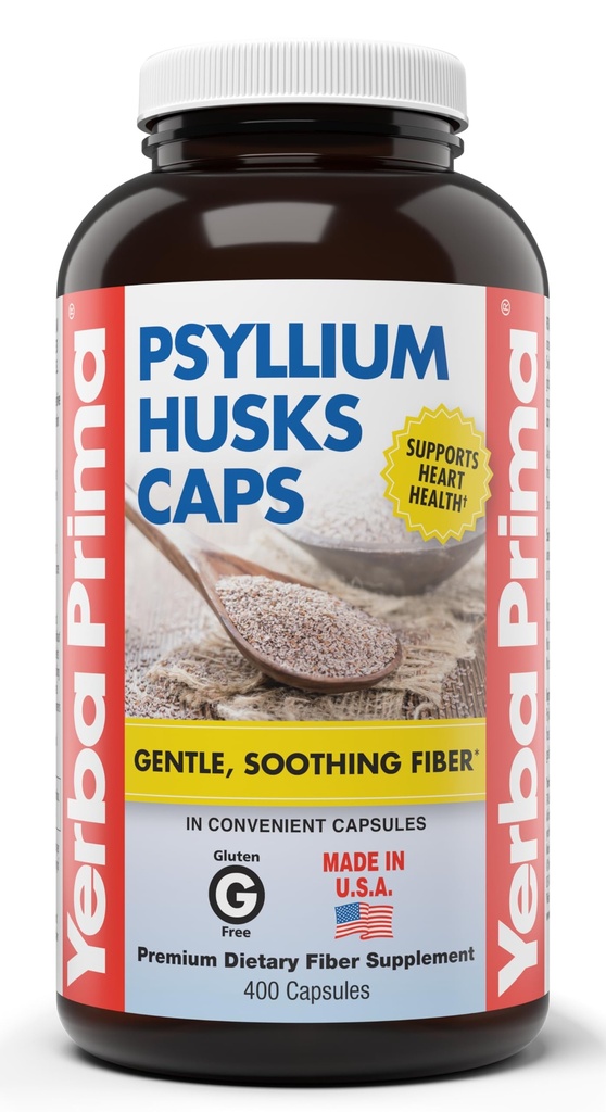 Yerba Prima Psyllium Husks 모자, 625 mg, 400 캡슐 - 남성과 여성을위한 천연 섬유 - 일반 지원 보충교재