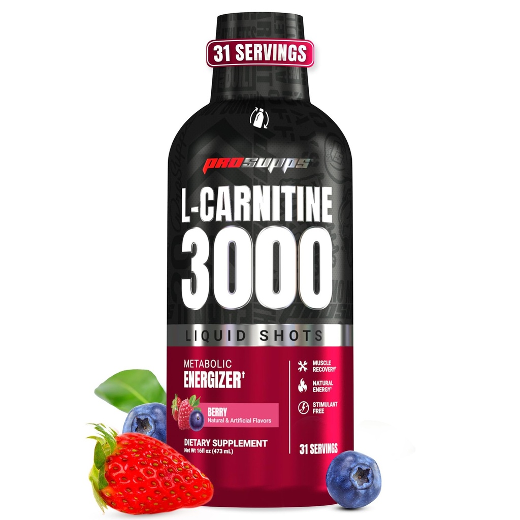 ProSupps L-Carnitine 액체 3000, 남성 및 여성을위한 Stimulant-Free 액체 샷 - 에너지, 성능 및 근육 회복을위한 깨끗한 운동 음료 - 설탕 없음, Carbs 없음 - 31 서빙, Berry