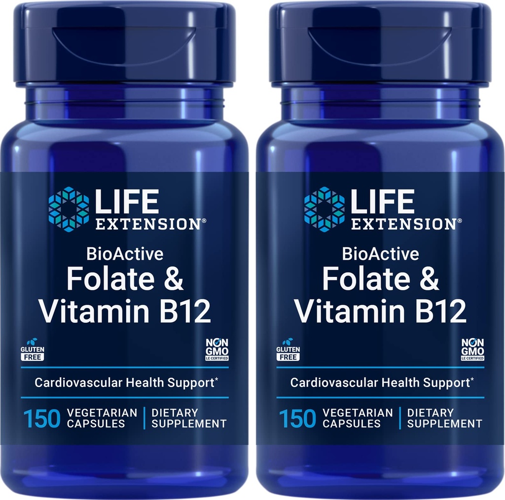 수명 연장 BioActive Folate & 비타민 B12, 150 채식 캡슐 (팩 2), 비 GMO, 글루텐 무료