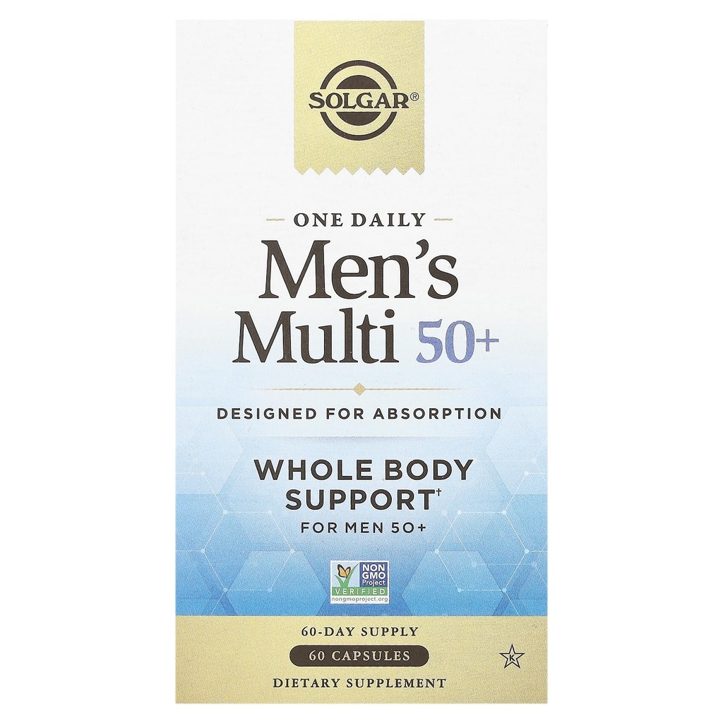 Solgar 하나 매일 남자의 다 50+ 남자를 위한 전체적인 몸 지원 50와 이전 높은 흡수가능한 지연된 방출 심장, 에너지, 긴장, 근육, 뼈, 전립선 지원 비타민 60 Vegan 캡슐, 60의 서빙