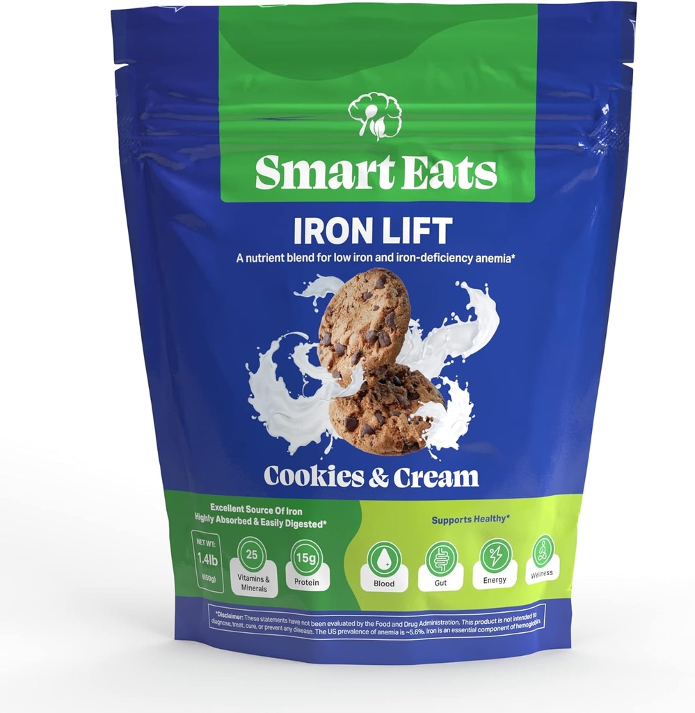 Smart Eats Iron Lift | Powder Iron Supplement | More Energy | Gentle Iron | 서포트헤드, 스킨, 이제네이션 | 키즈&성인용|맛있는 음료/수| Cookies & Cream | 30 Scoop