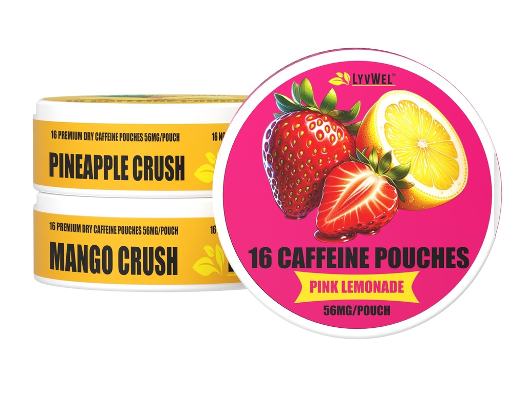 LyvWel 56mg 카페인 에너지 파우치 - 핑크 레몬, 파인애플 크러시, 망고 크러시 - Guarana와 과일 클린 에너지 및 초점 부스트 - 3-Pack 샘플러 (48 총 파우치)