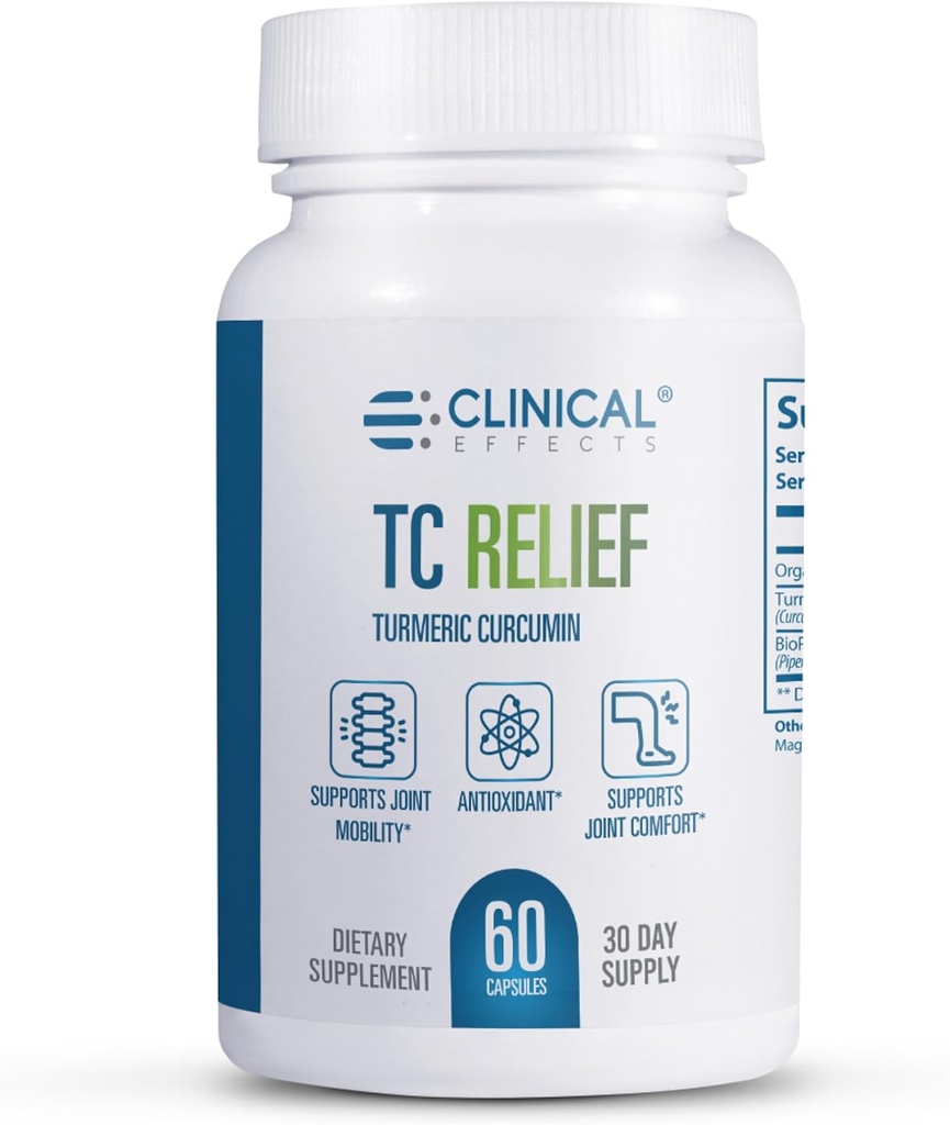 임상 효과 TC 릴리프 - Bioperine Black Pepper가있는 Turmeric Curcumin - 편안함과 이동성을위한 합동 보충 - 60 캡슐