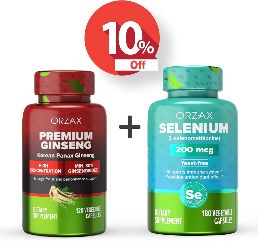 ORZAX 프리미엄 인삼 120 Vegatable 캡슐 및 셀레늄 200 Mg 180 Vegatable 캡슐, 번들