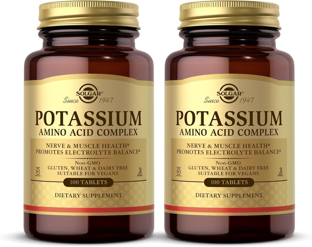 Solgar Potassium Amino Acid Complex - 100 정제, 2 팩 - Electrolyte Balance - Non-GMO, Vegan, Gluten Free, Dairy Free, Kosher - 200 총 서빙