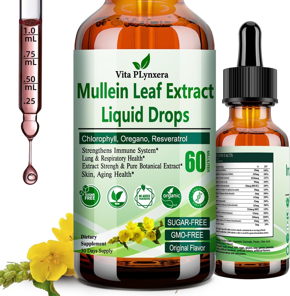Lungs를 위한 Mullein 하락, Lung Detox w를 위한 유기 Mullein 잎 추출물. Chlorophyll Elderberry Oregano 기름 Resveratrol Mullein Tincture 알콜 자유로운, 본래 풍미, 2 f Fl/Oz