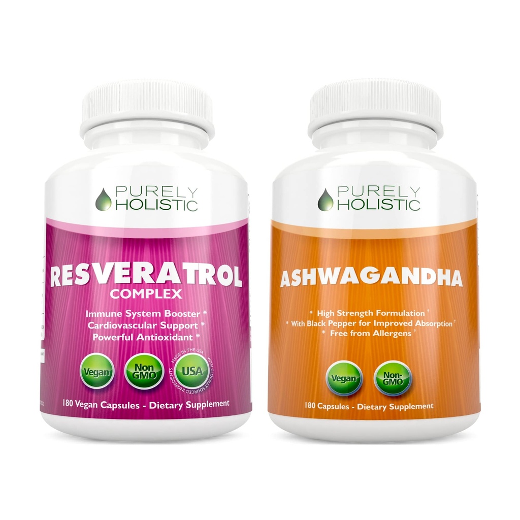 Purely Holistic Resveratrol 1450mg + Organic Ashwagandha 1300mg & Black Pepper - Vegan 번들 - 180 + 180 캡슐 - 유력한 산화 방지제로 포장 - 미국제