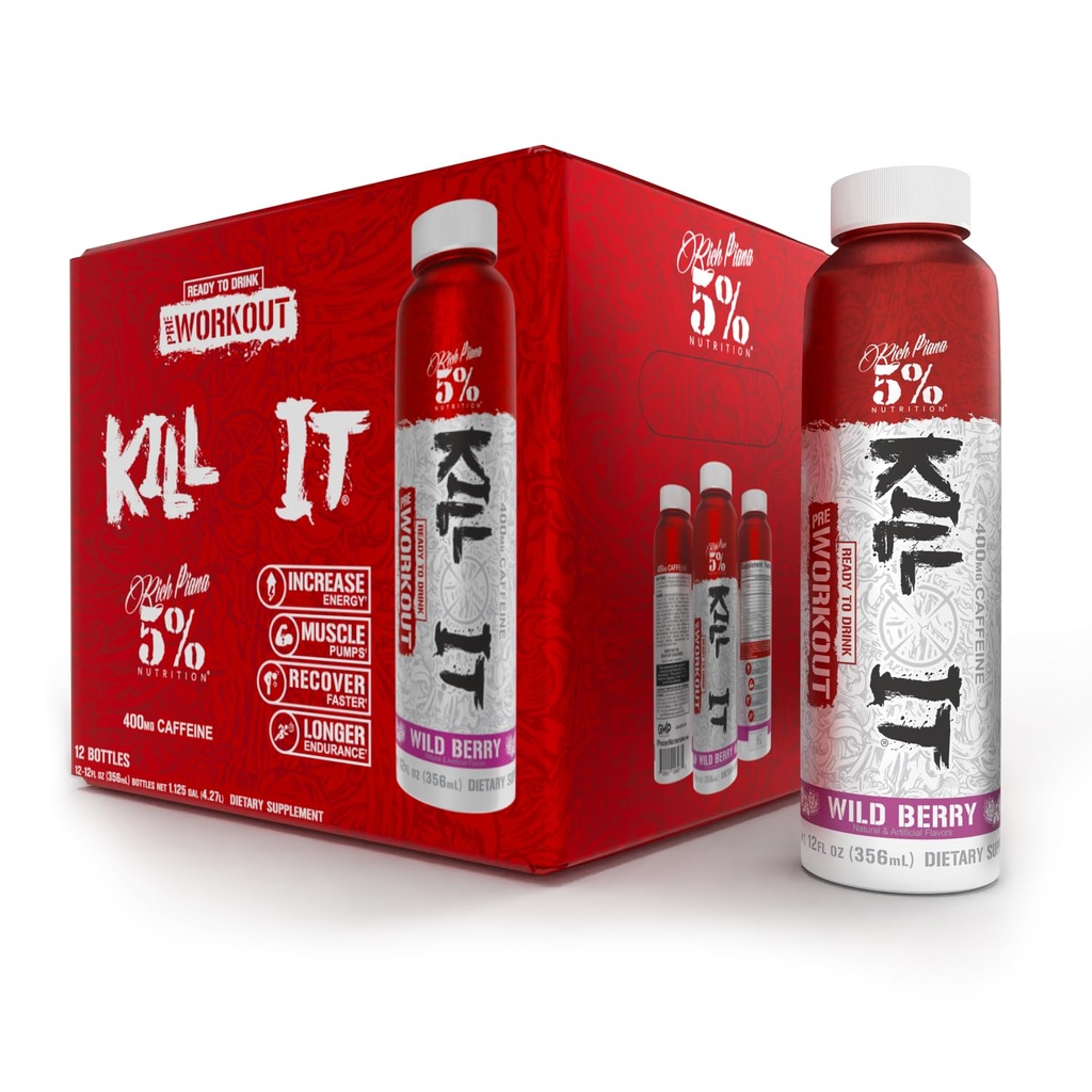 5 % 영양 킬 It Ready-to-Drink High Stim Pre Workout | 400mg 카페인 에너지 음료 | Extreme Pump, Endurance, Focus & Hydration | Citrulline, Beta Alanine, 타우린 | 12 Pack (Wild Berry)