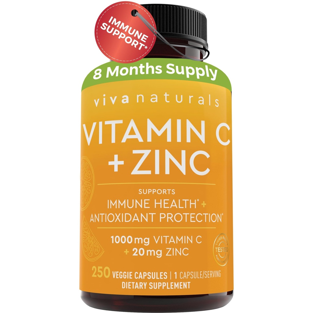 Viva Naturals 비타민 C 및 아연 보충제 1000mg - 아연 20mg (250 Veggie 캡슐) - Immune 지원을위한 아연이있는 고효율 및 비타민 C - Non-GMO, 글루텐 무료 (8 개월 공급)
