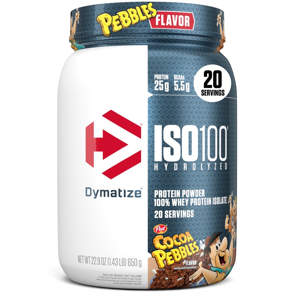 Dymatize x 코코아 Pebbles ISO100 Whey Protein Powder Isolate, 단백질 25g, 20 서빙, 5.5g BCAAs, 120 Cal., 글루텐 무료, 1g 지방, 1g 설탕, 2g Carb