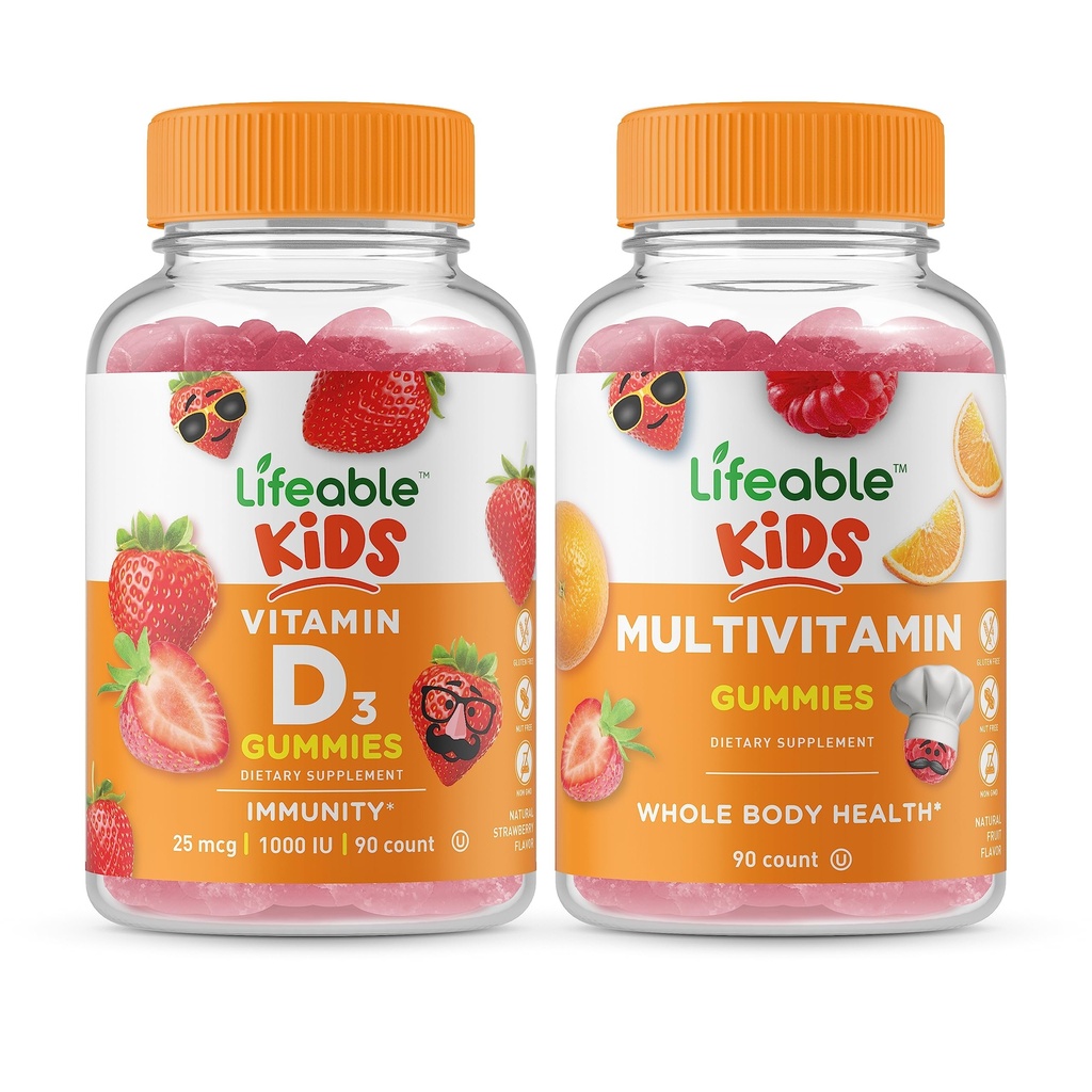 Lifeable Vitamin D Kids + Multivitamin Kids, Gummies Bundle - 훌륭한 타스팅, 비타민 보충, 글루텐 무료, GMO 무료, Chewable Gummy